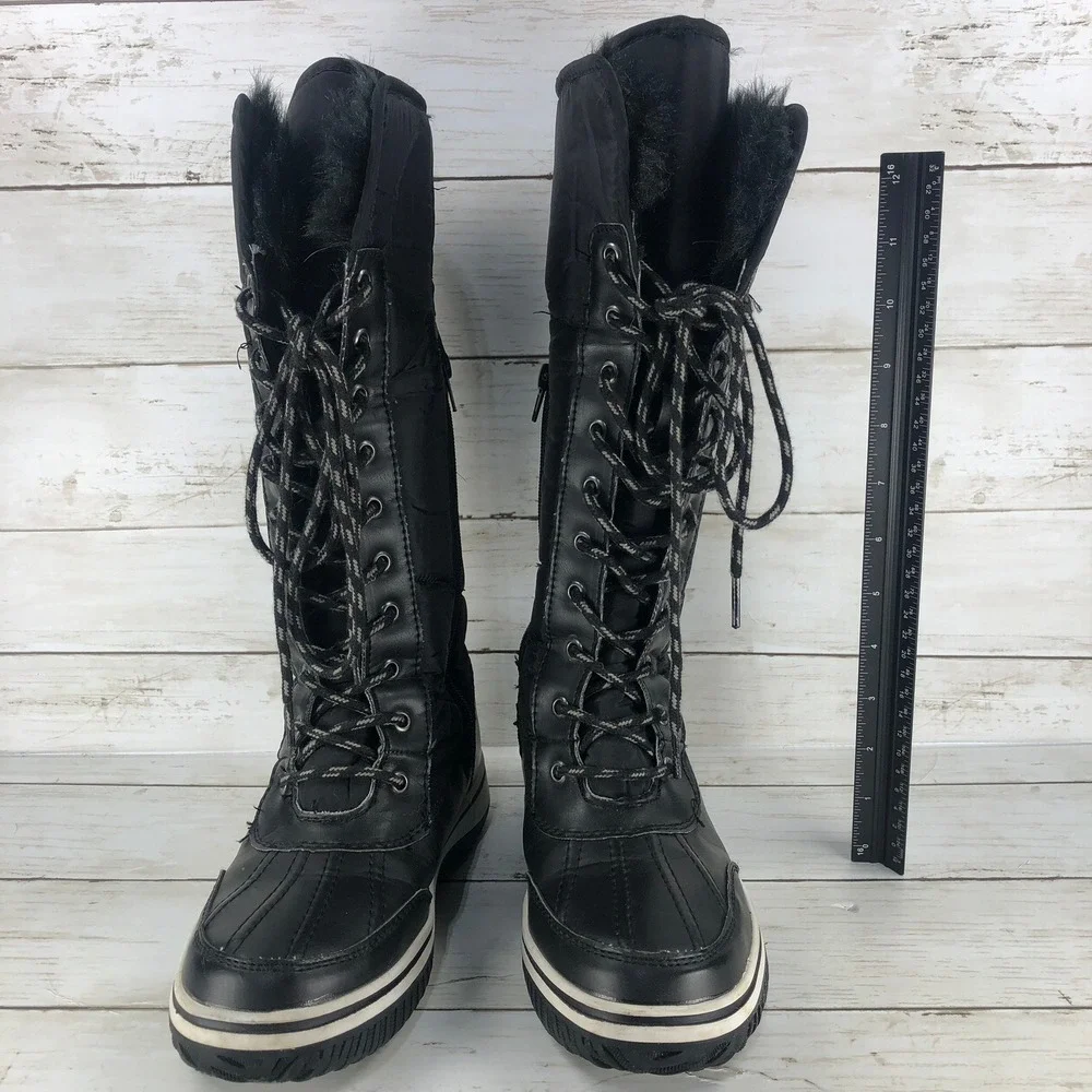 Black Tall Winter Snow Boots Quilted Faux Fur Lined Lace Up‎ Side Zip Duck Boots